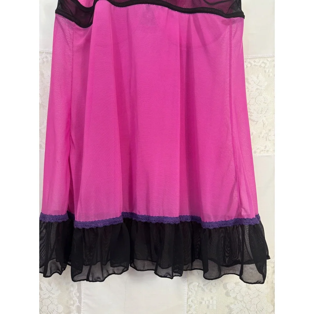 Y2K Pink+Black+Purple‎ Floral Embroidered Coquette Sheer Mesh Chemise Size XL